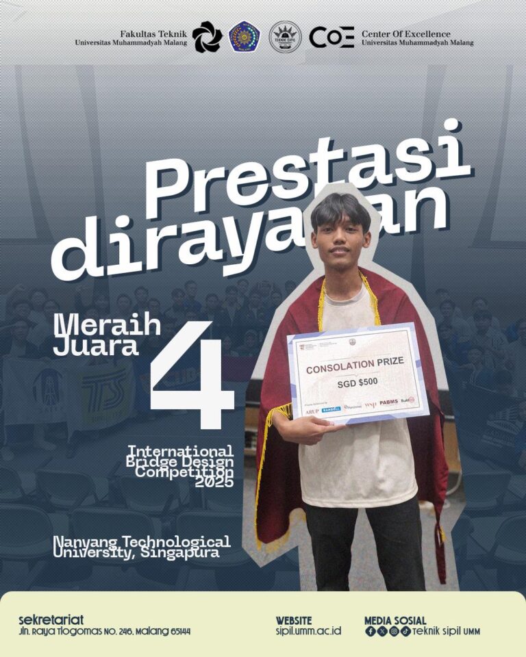 Mahasiswa Teknik Sipil UMM Raih Juara 4 di Ajang Internasional di Singapura Prestasi membanggakan diraih dalam kompetisi desain jembatan tingkat dunia