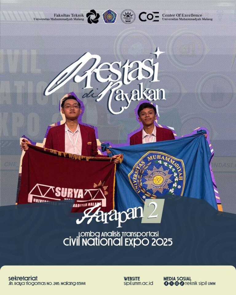 Mahasiswa Teknik Sipil UMM Raih Harapan 2 di Civil National Expo 2025 Teknik Sipil UMM terus tunjukkan konsistensi prestasi di ajang nasional